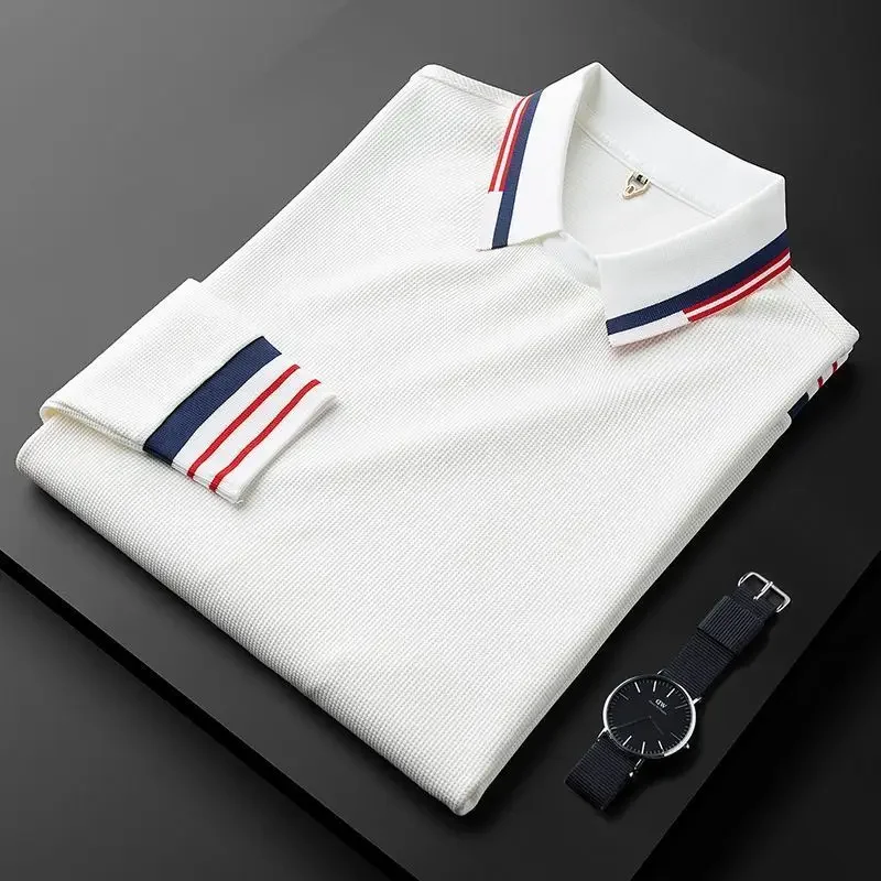 

2024 Autumn Thin and High end European Casual White Polo Shirt for Men Long sleeved Slim Fit Flip Collar Waffle T-shirt for Men