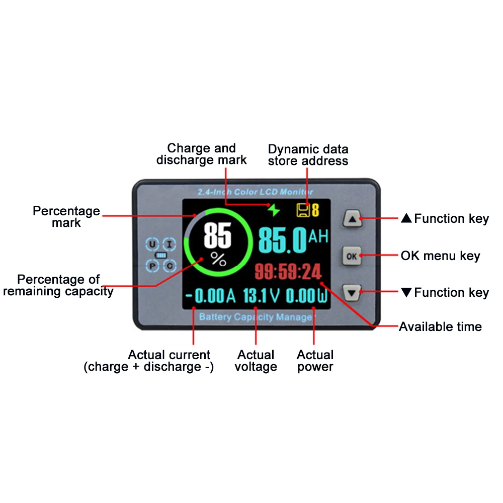 VA9810 2.4 cal kolorowy wyświetlacz LCD baterii Tester pojemności detektor napięcie prądu miernik mocy samochód elektryczny Coulometer DC8-100V 100A