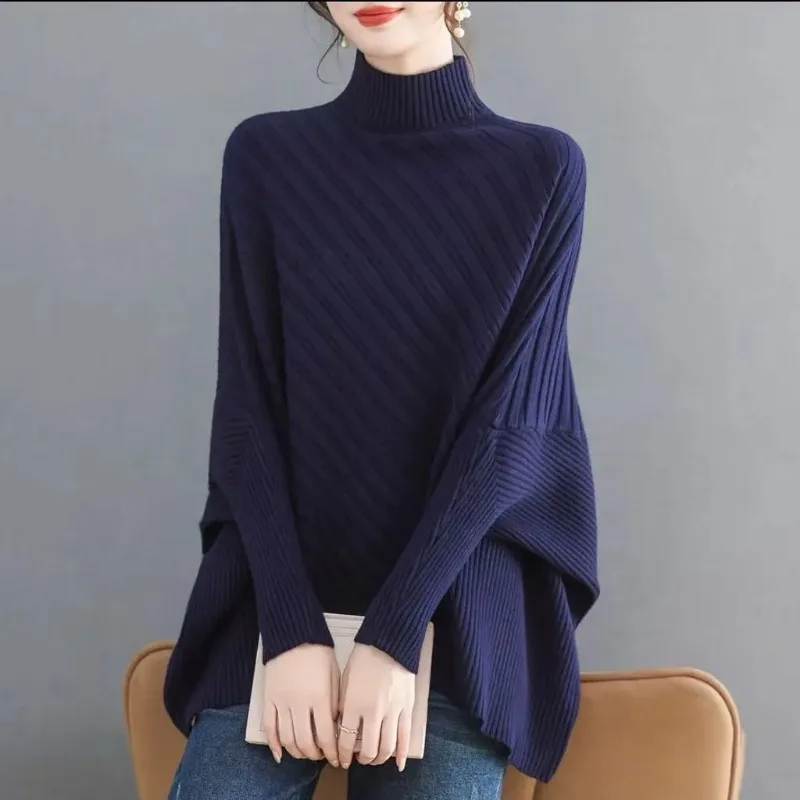Women Mock Neck Batwing Sleeve Sweater Loose Lazy Style Solid Knit Cape Top For Autumn Winter
