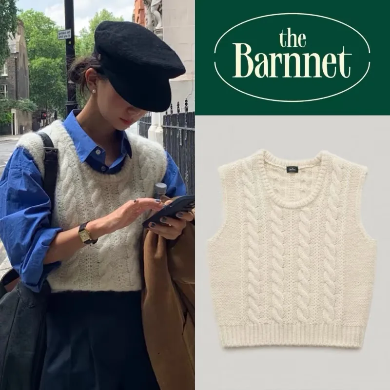 

Korean niche Thebarnnet eight-milk twist knitted sweater vest women's crew neck sleeveless sweater outer vest