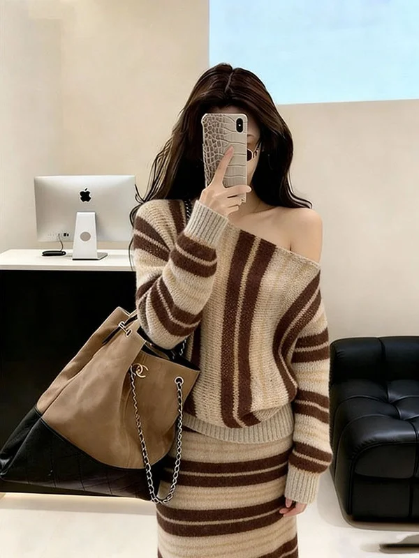 

Spring Knitted Stripe oulder Bared f Skirt Women's Set High Waist Casual Loose Fit French Sle Long Sve Two Piece Set