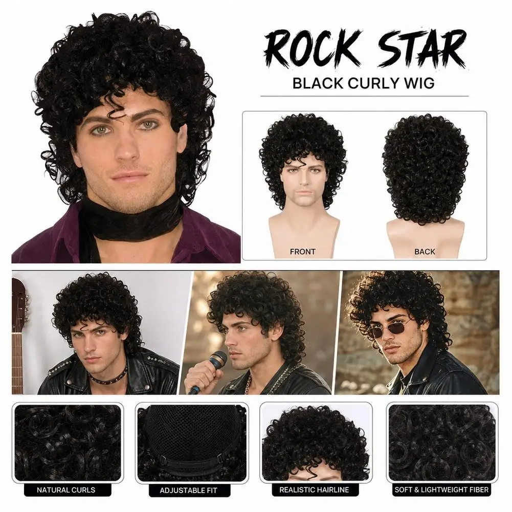 Short Black Curly Rocker Disco Wig with Glasses Boys Wet Look Wig 80s Mullet Wig For Michael Jackson Role Play Synthetic Wig New