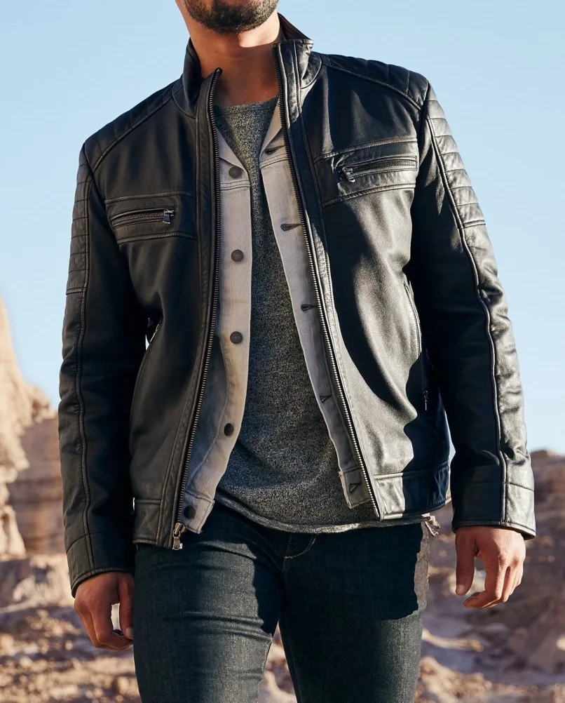 Pu Leather Motorcycle Jacket Zipper Pockets Stand Collar Motorcycle Biker Tops For Men