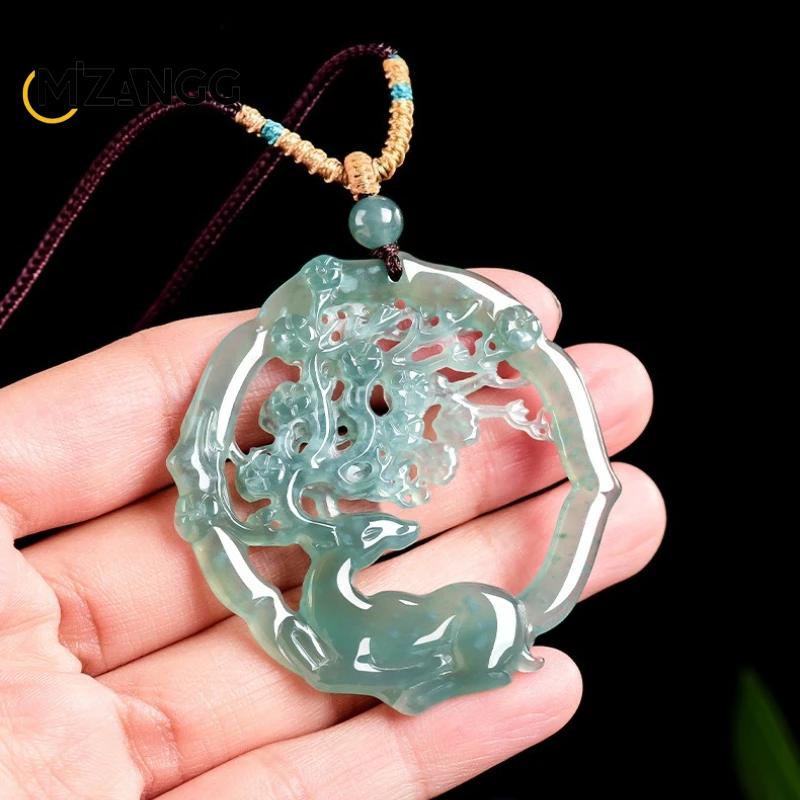 Natural Blue Water Jadeite Sika Deer Seeking Plum Blossoms in The Snow Pendant Ethnic Style Couple Necklace for Men and Women