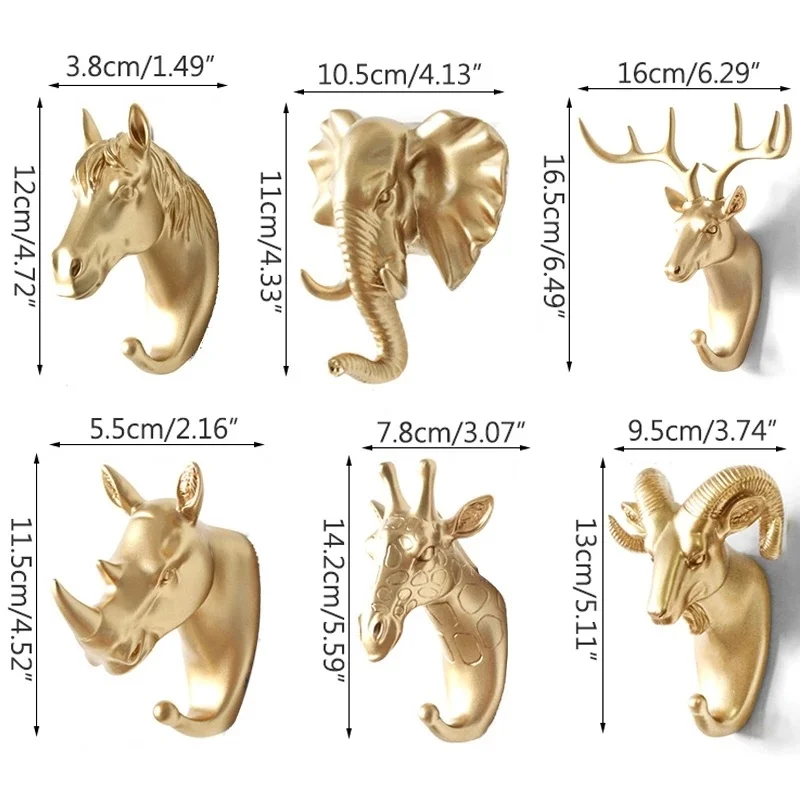 Creative Animal Head Hooks Free-punch Coat hooks Vinyl Sticky Decorative Hook Wall Hanging Gold Deer Head Keys Hanger