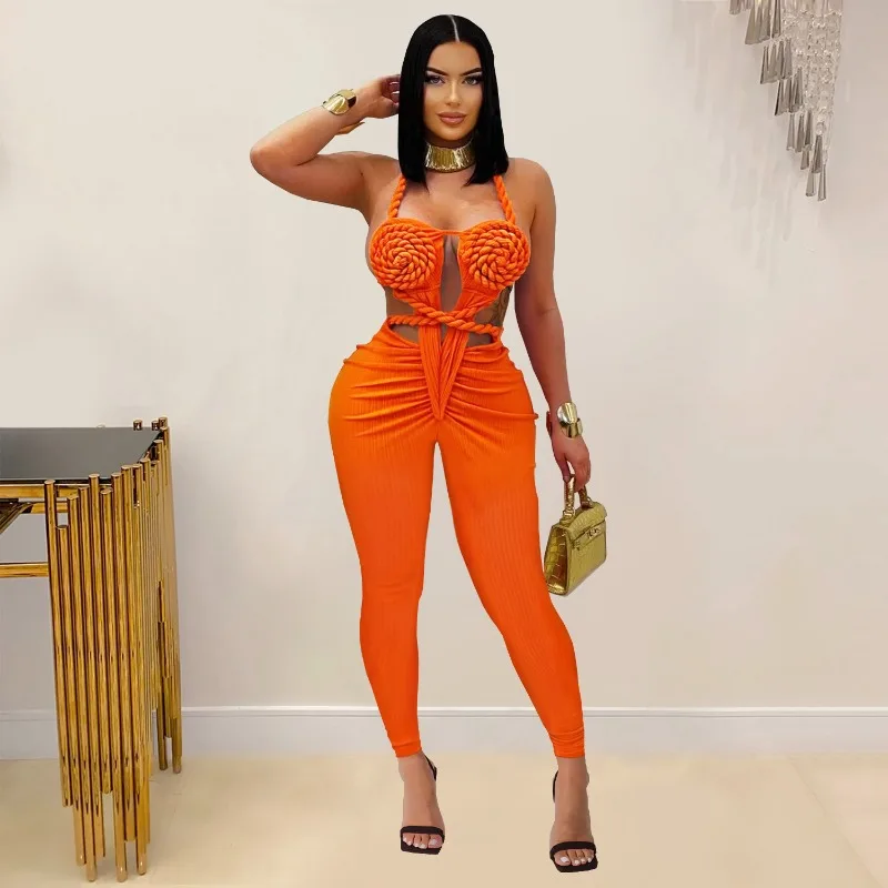 KEXU セクシーなホルターネックニットリブシャーリング積層ジャンプスーツ女性夏休みビーチロンパース遊び着ワンピースセット衣装