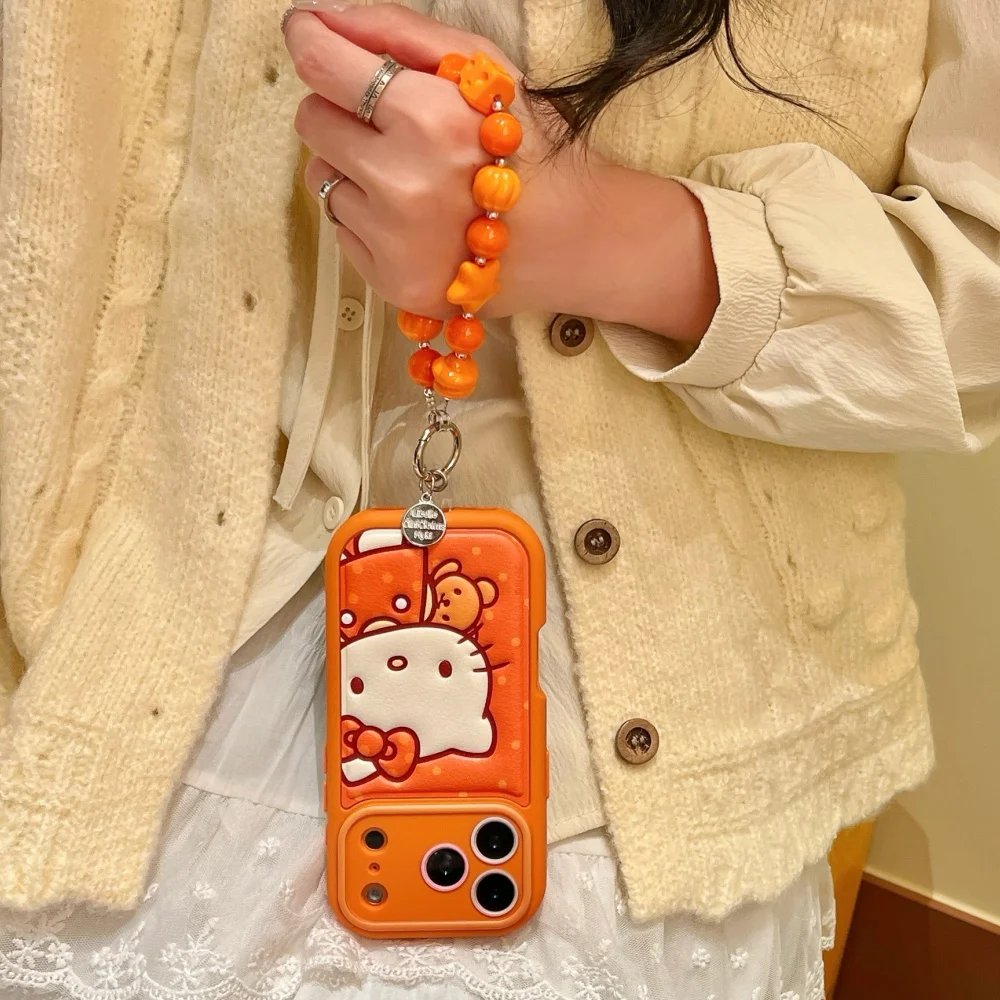 Leather Striped Orange Teddy Bear KT  Is Suitable For Apple Phone Case 17 Pro Max 16 15 Pro 14 13 Phone Case With Accessories view 3