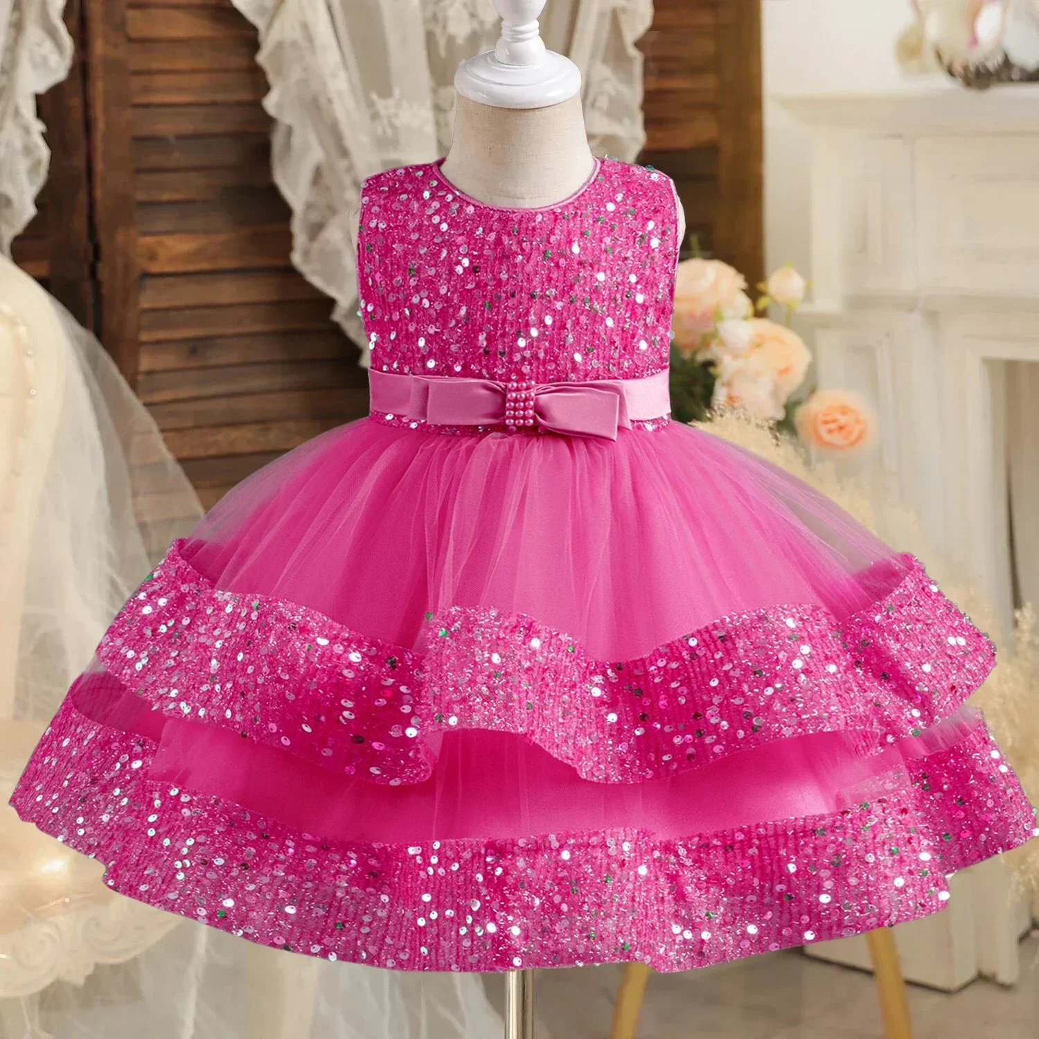 Summer Party Dress for Girls Sequined Sleeveless Tulle Tutu Gown Baby Girls Wedding Birthday Princess Dress Baptism Kids Clothes