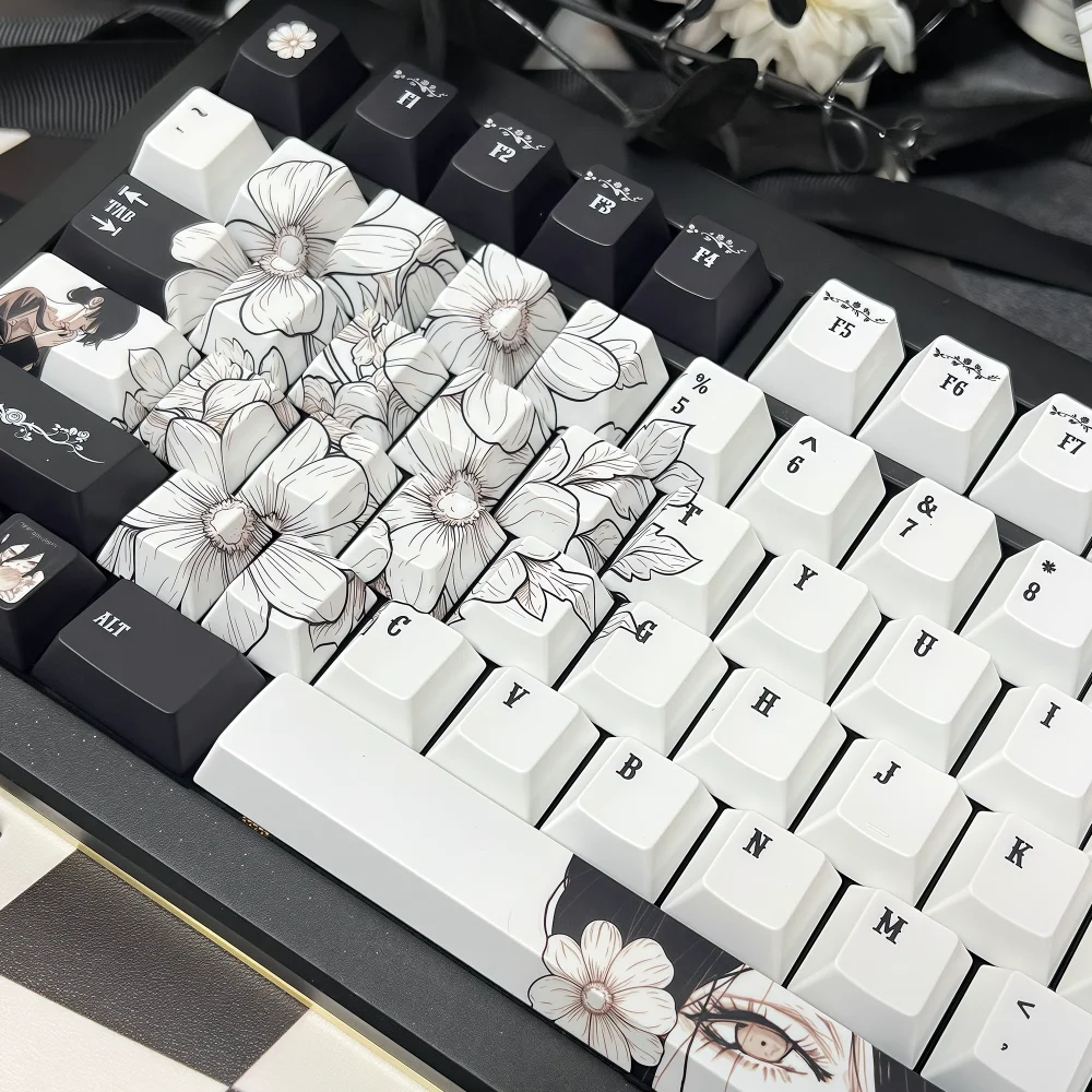 Reisai 3.0 Pro Keycap Set Anime Preto e Branco PBT Cherry Shaped Keycaps para Teclados Mecânicos 68/84/87/104