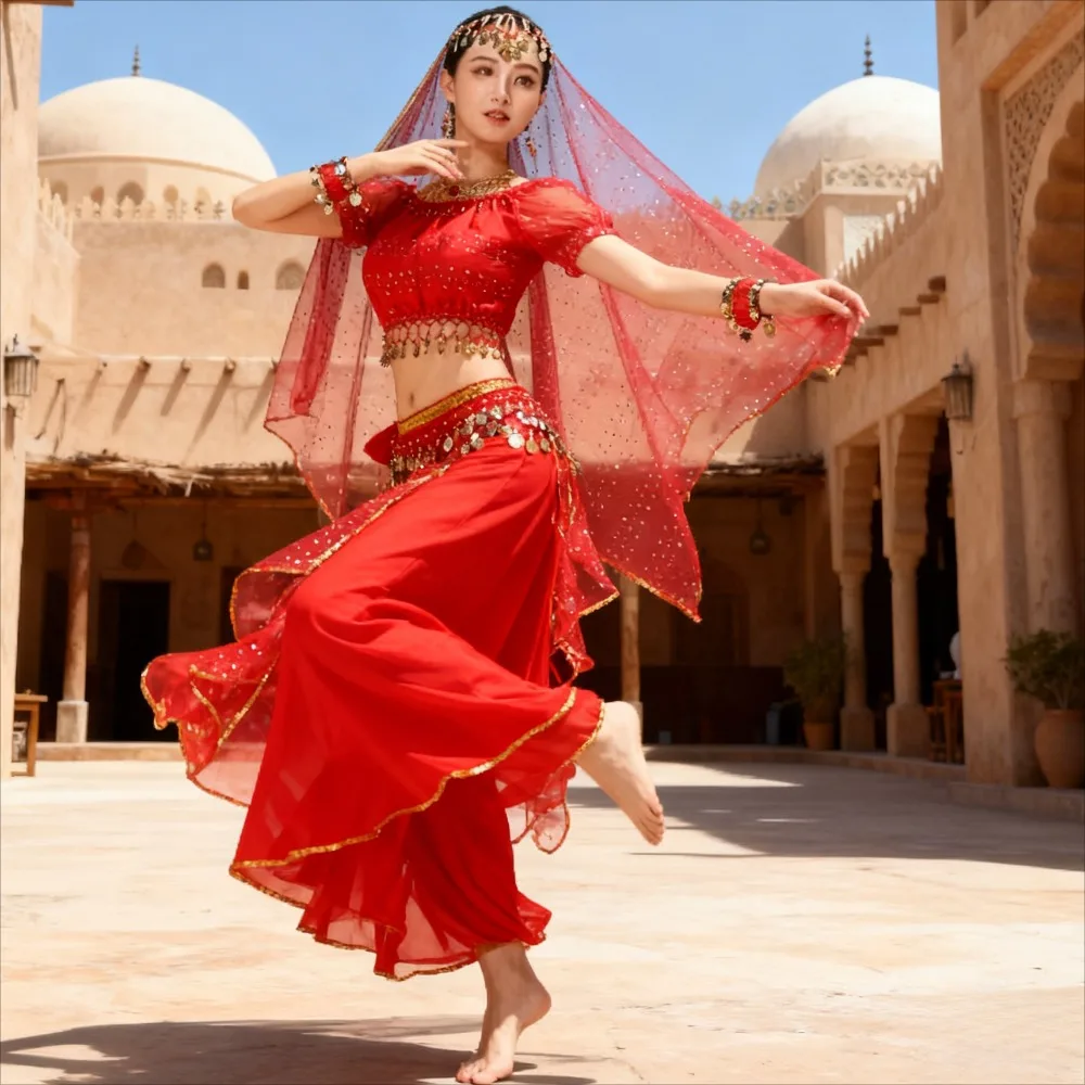 

Женский костюм для танцев в стиле Болливуд, индийский костюм для танца живота, комплект из 2/3/4 предметов с блестящим топом и юбкой для сценических выступлений