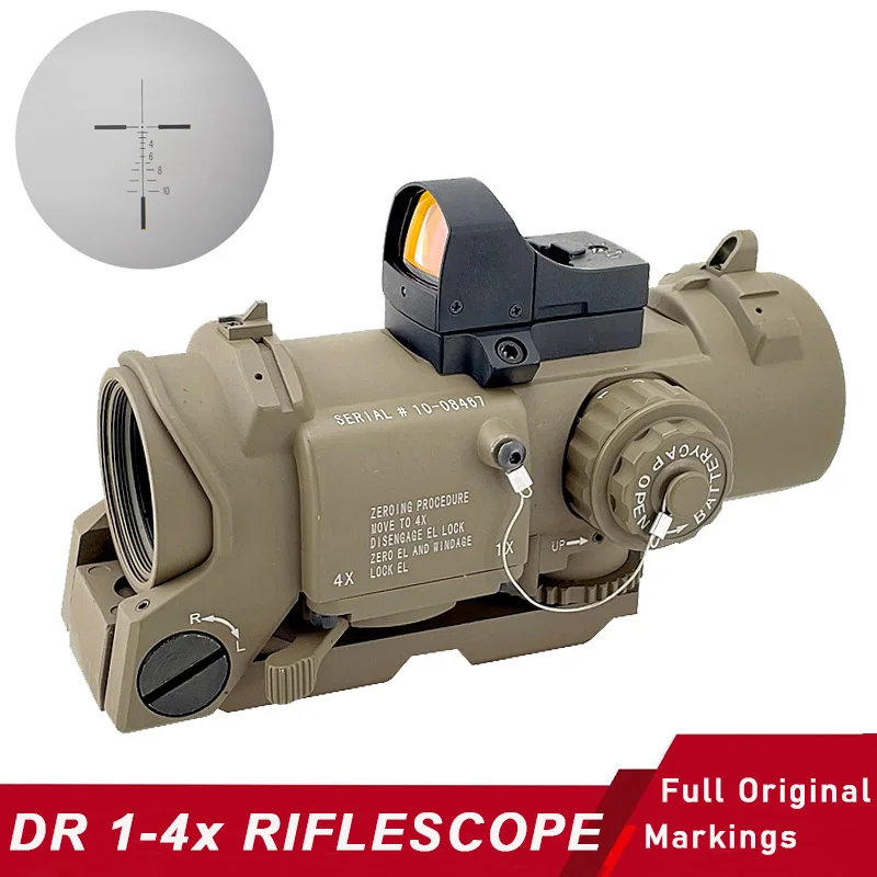 

Tactical DR 1x-4x Magnifier Optic Rifle Scope With Mini Red Dot Sight, Red Illuminated Mil-Dot Hunting Scope