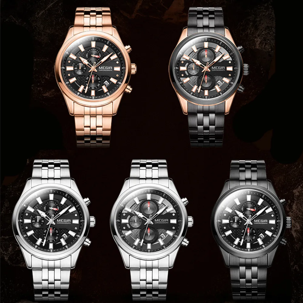 Megir moda masculina relógio de luxo negócios pulseira aço inoxidável quartzo relógio de pulso calendário luminoso cronógrafo 2154