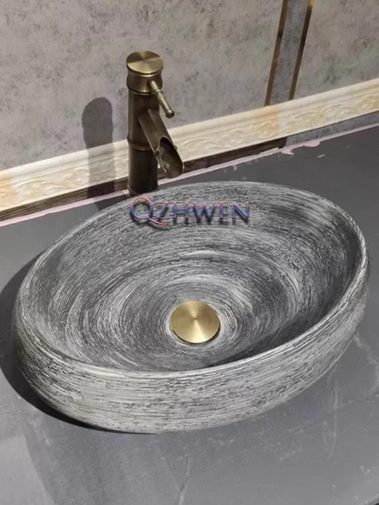 47/40/35cm Ceramic Washbasin Antique Carving Bathroom Sink Imitation Stone Round Chinese Style Countertop Art Basin with Tap