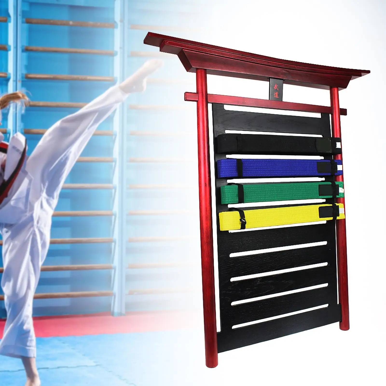 Karate Belt Display Rack with Metal Hook Wooden Display Stand Belt Organizer