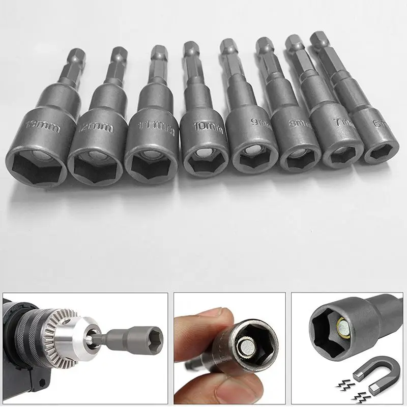 8Pcs 1/4 Inch Hex Magnetic Nut Driver Socket Set Metric Impact Drill Bits 6 To 13Mm Adapter