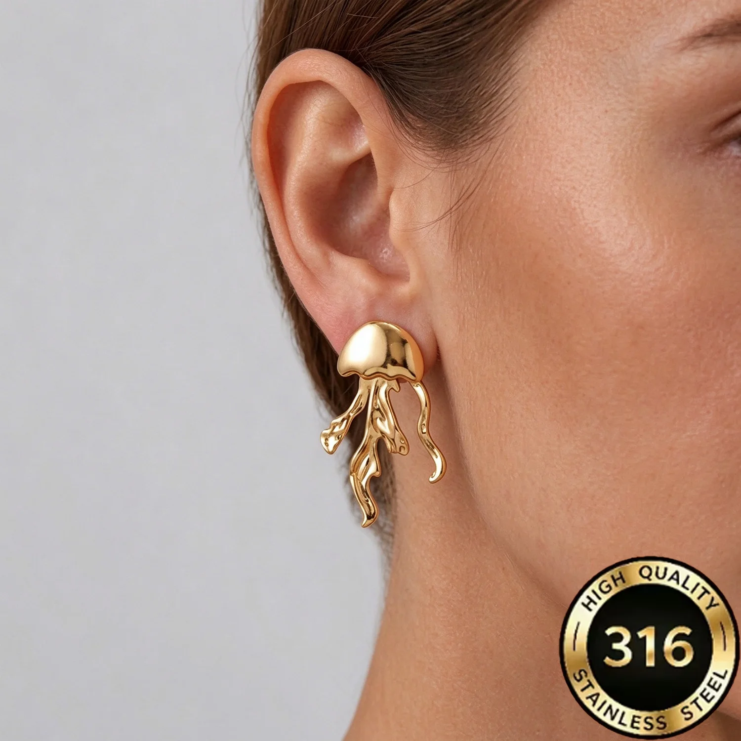Stainless Steel Gold-Plated Beach Vacation Jellyfish Stud Earrings, Fashionable Waterproof Earrings for Girls That Don’t Fade