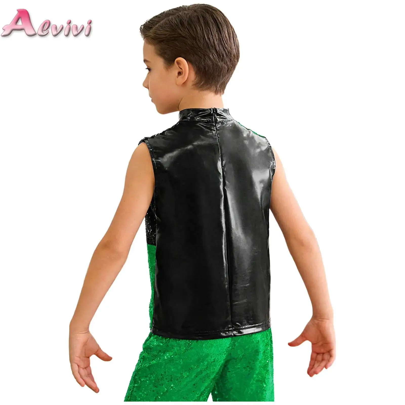 

Kids Boys Shiny Sequins Color Block Top Jazz Hip Hop Disco Dance Stage Performance Costume Sleeveless Invisible Zipper T-Shirts
