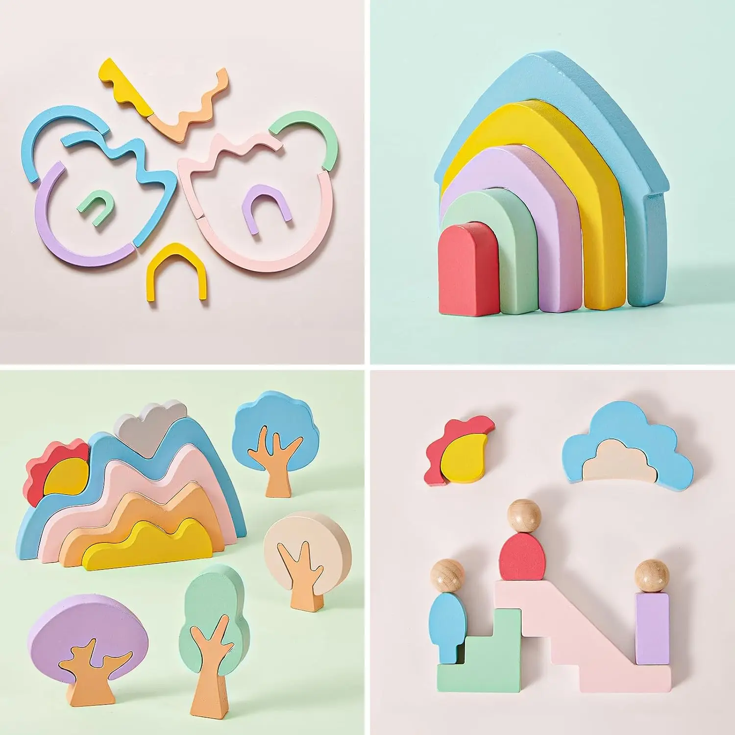 Wooden Building Blocks for Toddlers, 46 Pcs Montessori Stacking Toys with Rainbow/Little People/Tree/House/Mountain, Learning To
