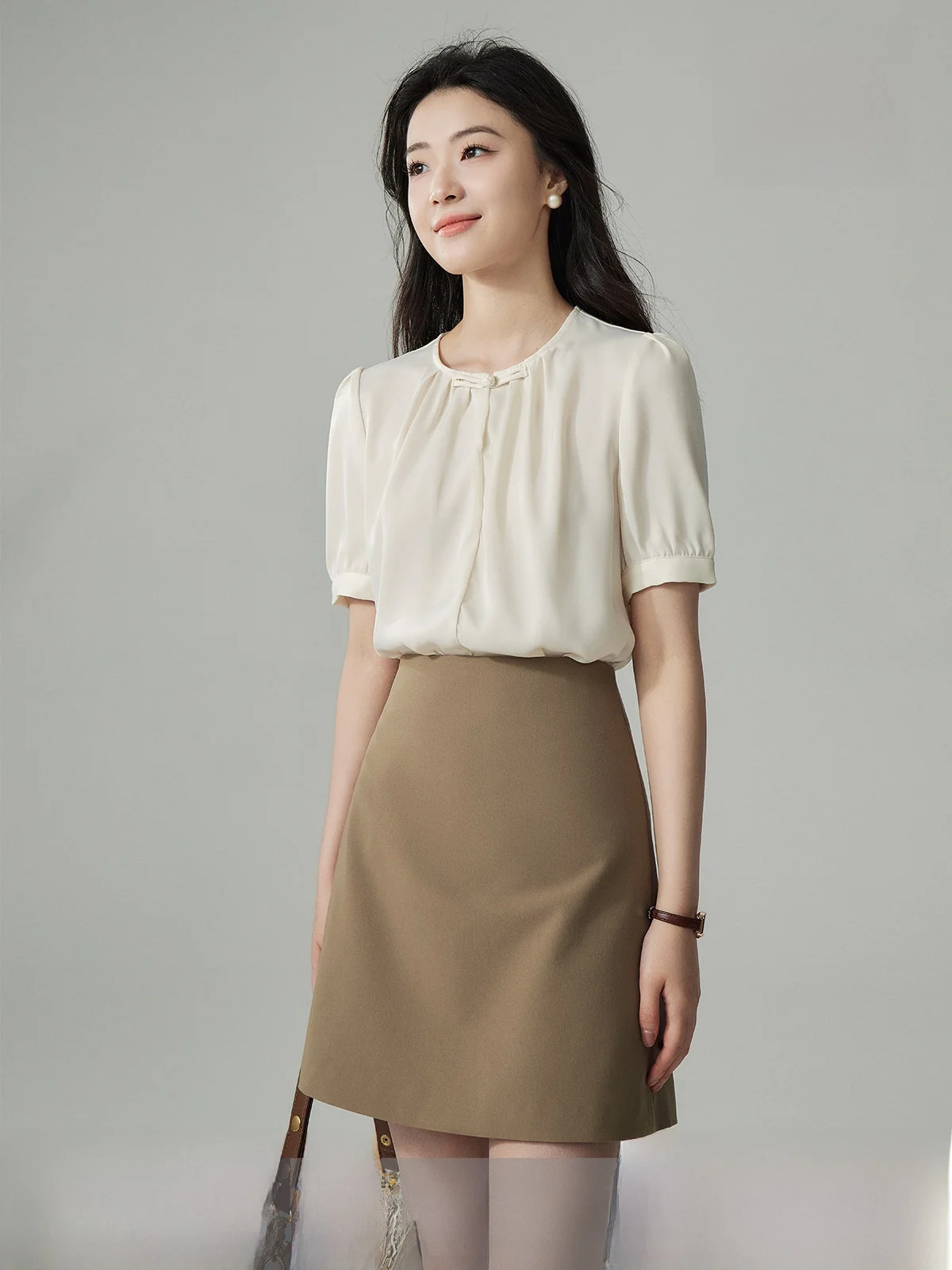 

Yellow Short Sleeve Shirt Women's Design Sensation Pleated Retro Style Button up Top by Ya Ke Jia Commute Style Straight Cut