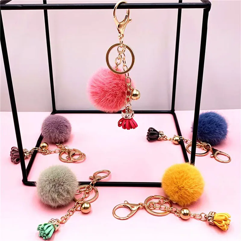 

100pcs/Lot Creative Tassels Keychain Plush Balls Keyring Bells Key Chains