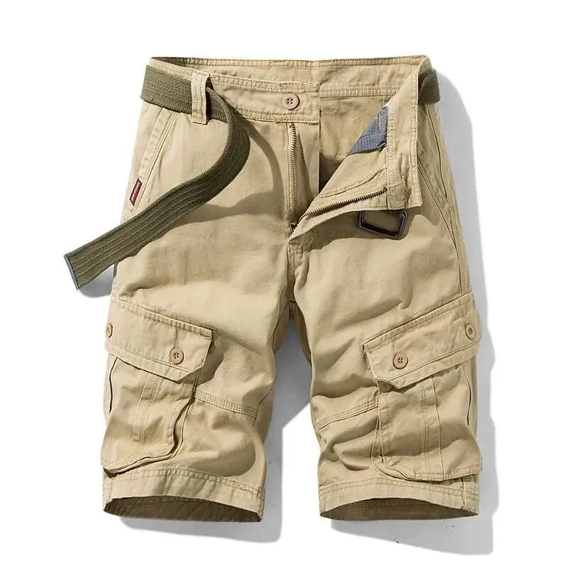 

Summer Mens Cargo Cotton Fashion Khaki Multi Pocket Casual Short Pants Loose Military Shorts Men No Belt