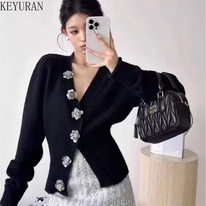 V-Neck Knitting Cardigans Women Spring Autumn French Vintage Long Sleeve Single Breasted Elegant Slim Rose Decoration Sweater