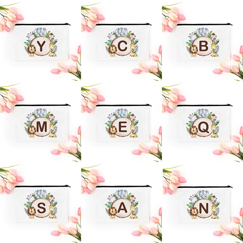 Cute Animal Alphabet A-Z Women Zipper Makeup Bag Canvas Pencil Case Student Toiletries Organizer Letter Bags Gift for Bridesmaid