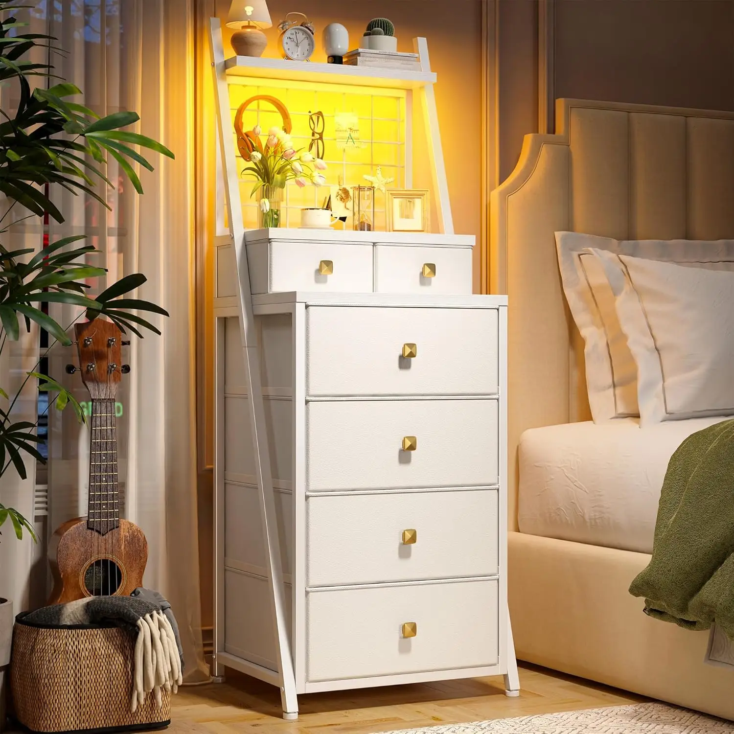 

Customizable Vertical with LED White Dresser with Grid 6 & Chest of Drawers Sturdy Bedroom