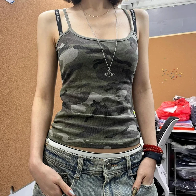

Casual Slim Camouflage Contrast Color Sleeveless Camisole Summer New Design Sense High Street Office Lady Female Clothing Tops