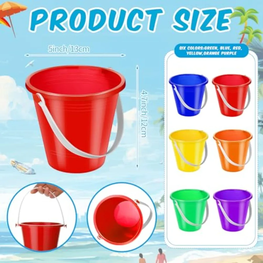 24 Pcs Beach Bucket Sand Buckets Bulk for 5 Inch Colorful Fun Plastic Pails and Sandcastle Mold for Toddler Summer Beach Birthd