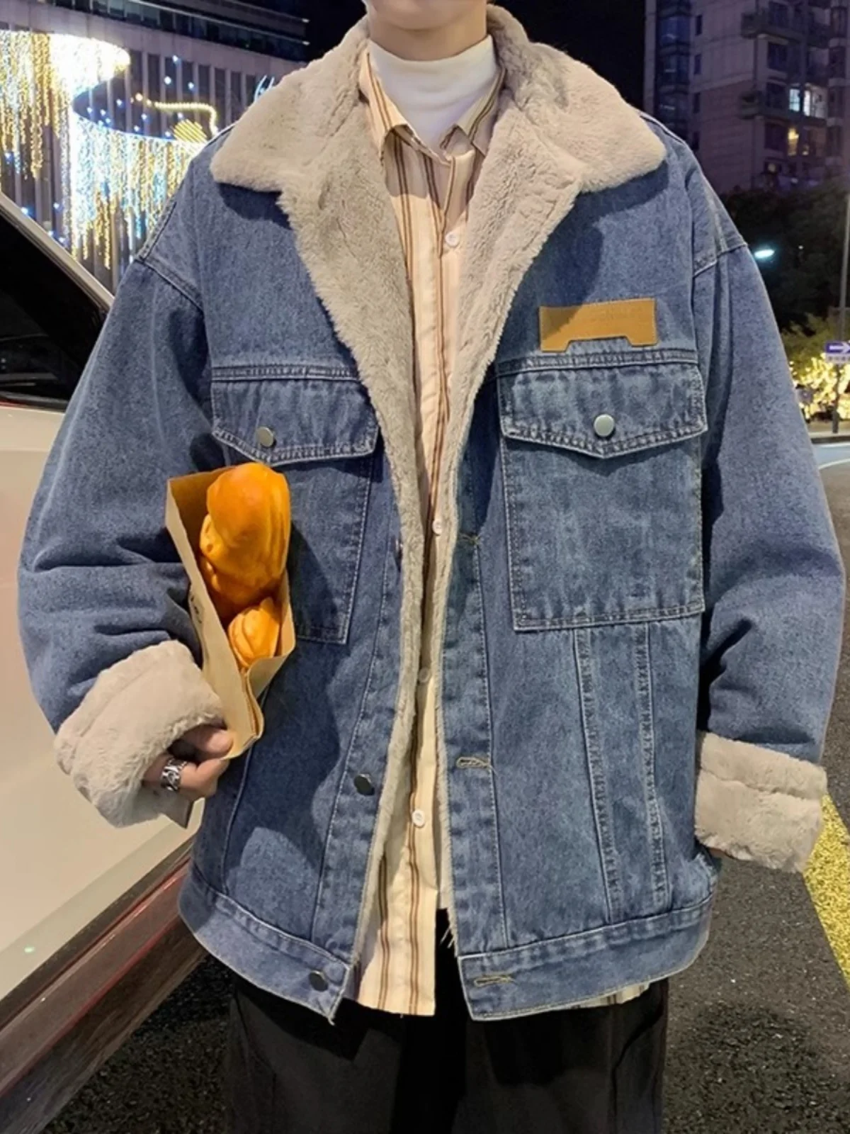 

Мужская джинсовая хлопковая куртка на подкладке Thiened Fce, зимняя свободная куртка с мехом ягненка, модная молодежная куртка в стиле ретро в японском стиле