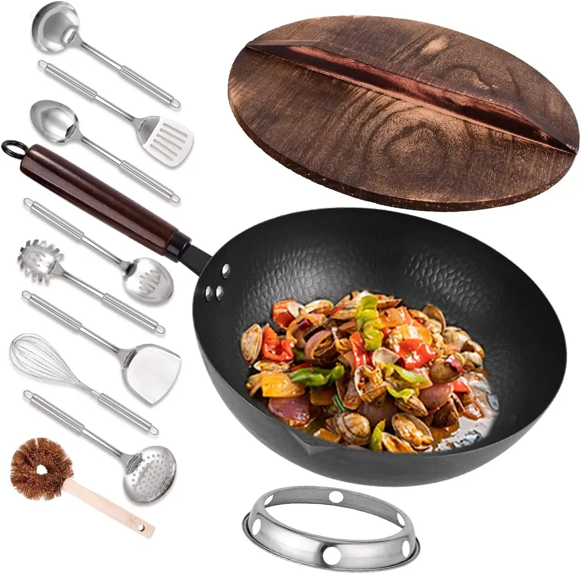 

12.8" Carbon Steel Wok-11Pcs Woks & Stir Fry Pans Wok Pan with Lid, No Chemical Coated Chinese Wok with 10 Cookware Accessories