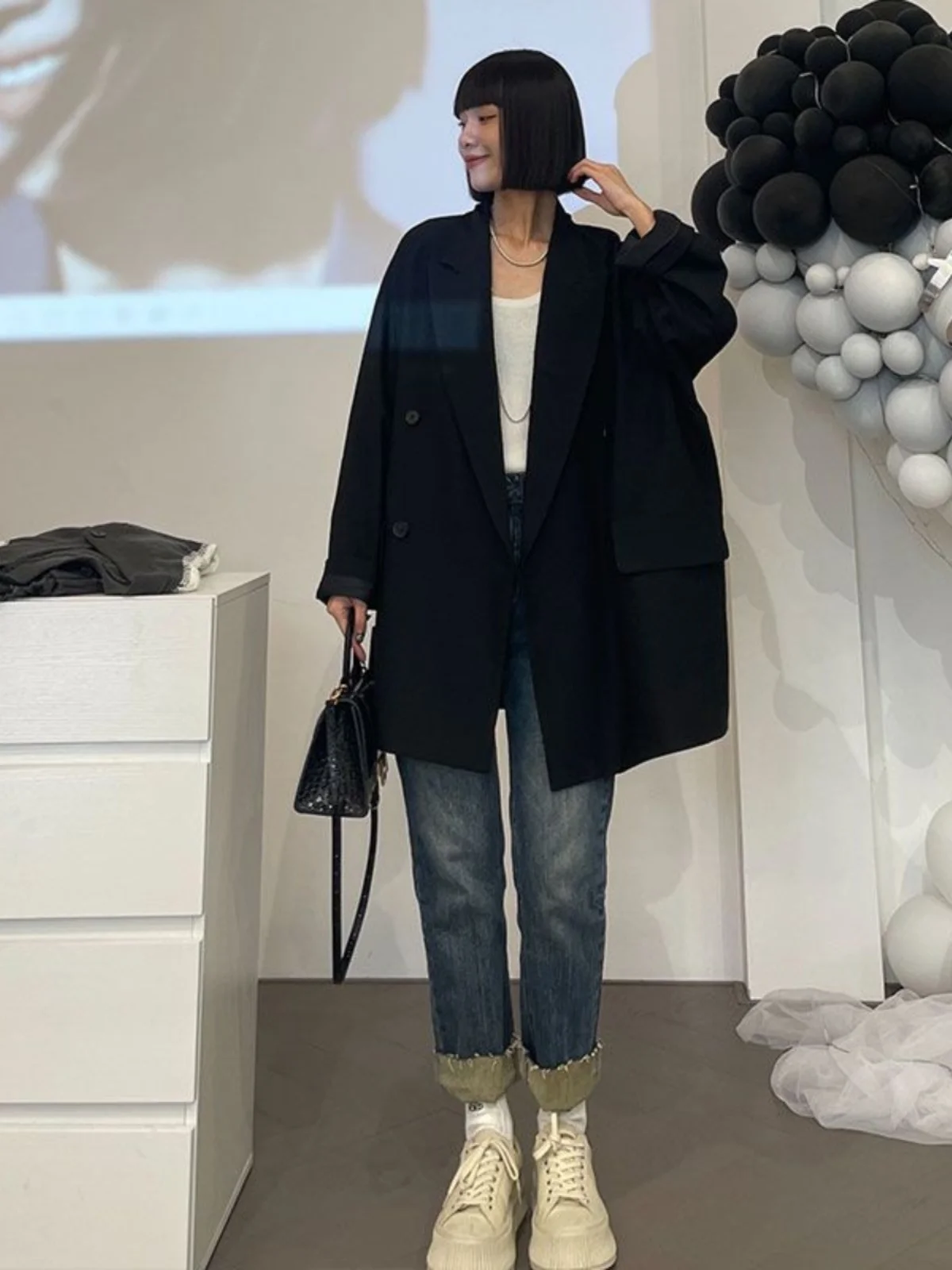 Plus Size plus Size Black Suit Jacket for Women Casual Mid-Length Korean Sle Long Sleeve Polyester Fiber Autumn Fashion Outer...