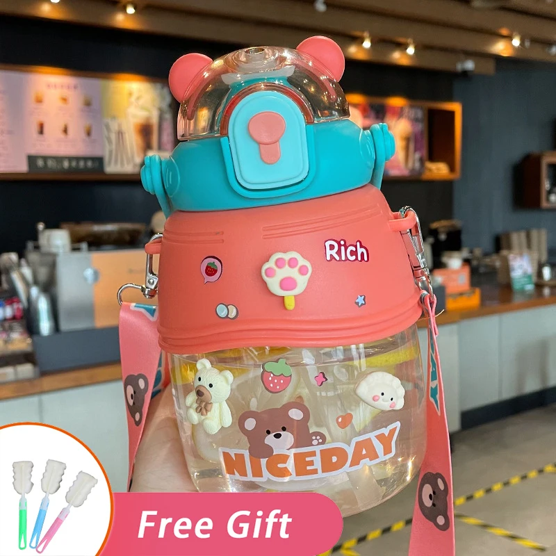 

1.3L Plastic Tumbler With Straw Free Shipping Items Child Cartoon Bear Kettle Kawaii Sport Drink Cup Cute Water Bottle For Girls