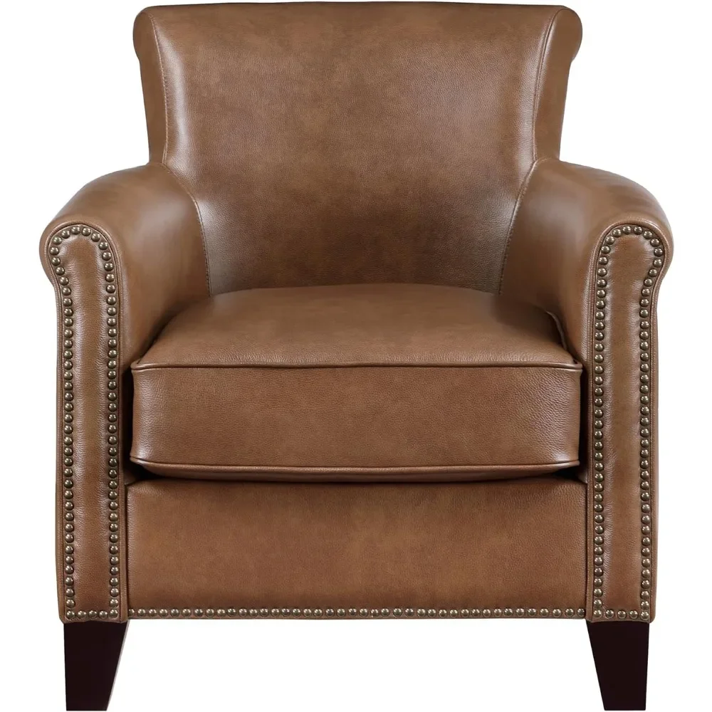 Genuine Leather Accent Chairs for Living Room with Solid Wood Frame, Rolled Armrest & Nailhead Trim, Comfy Reading Chair, Cognac