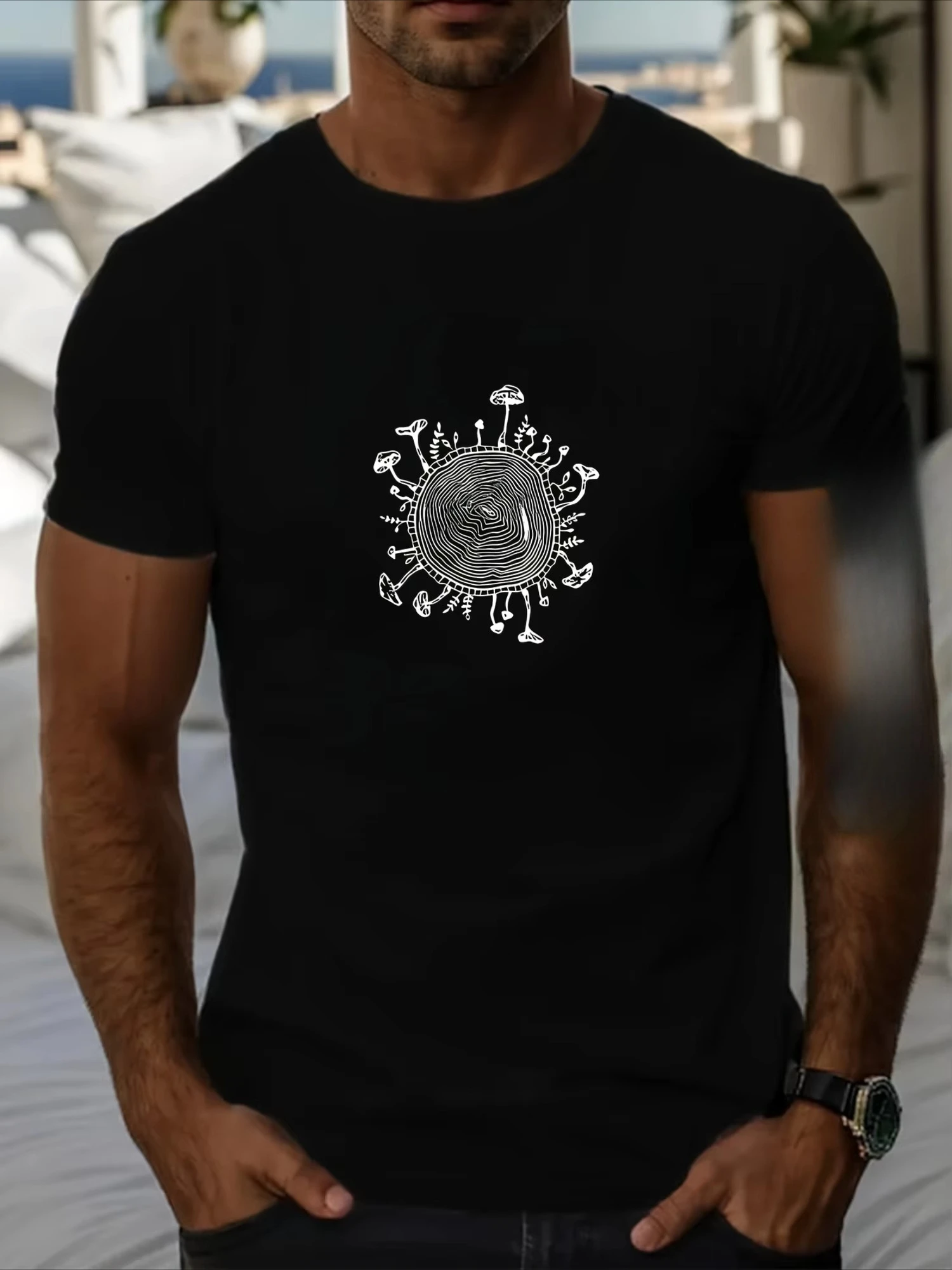 Men's Summer Casual T-Shirt with Mushroom Print - Breathable Polyester Round Neck Short Sleeve Oversized T Shirt