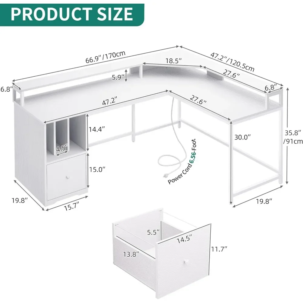 Mesa em forma de L com tomada e luz LED, mesa do computador com gaveta de arquivo, mesa de canto, mesa, 67 pol