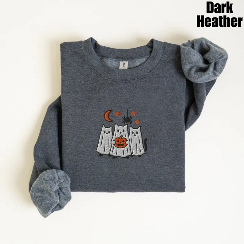 Halloween Ghost Kitten Sweatshirt Pullover Retro Vintage Sweatshirt Graphic Hoodies Y2K Casual Daily Wear Unisex  Pullover