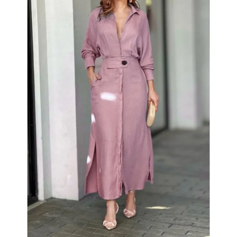 Spring Fall Elegant Women Dress Plus Size White Casual V Neck Lapel Long Sleeve Shirt Maxi Dresses Female Pocket Party Long Robe