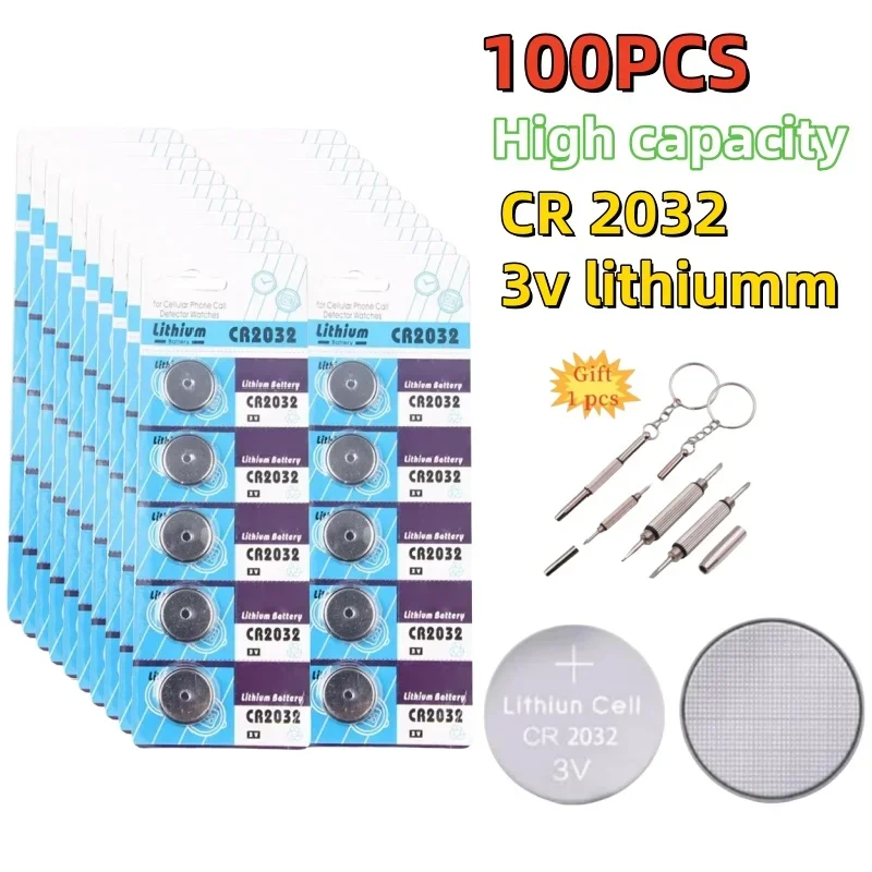 

100Pcs 3V CR2032 Button Battery Cell Coin Lithium Batteries Watch Computer LED Light Toy Remote Control Calculators