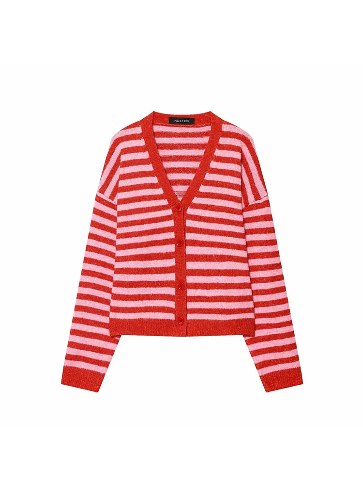

Women 2025 Autumn New Casual Striped Cardigan V-neck Long Sleeve Knitted Coat Single Breasted Sweater Coats Women Knitwear