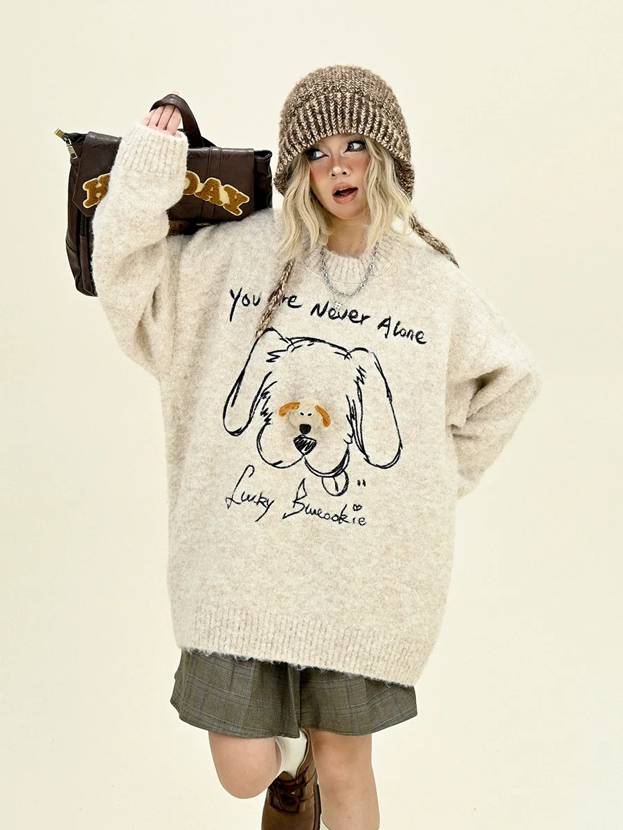 Cute Puppy Crew Neck Sweater for Women, Loose Bf American Lazy High Street Knitting, Winter, New, 2022