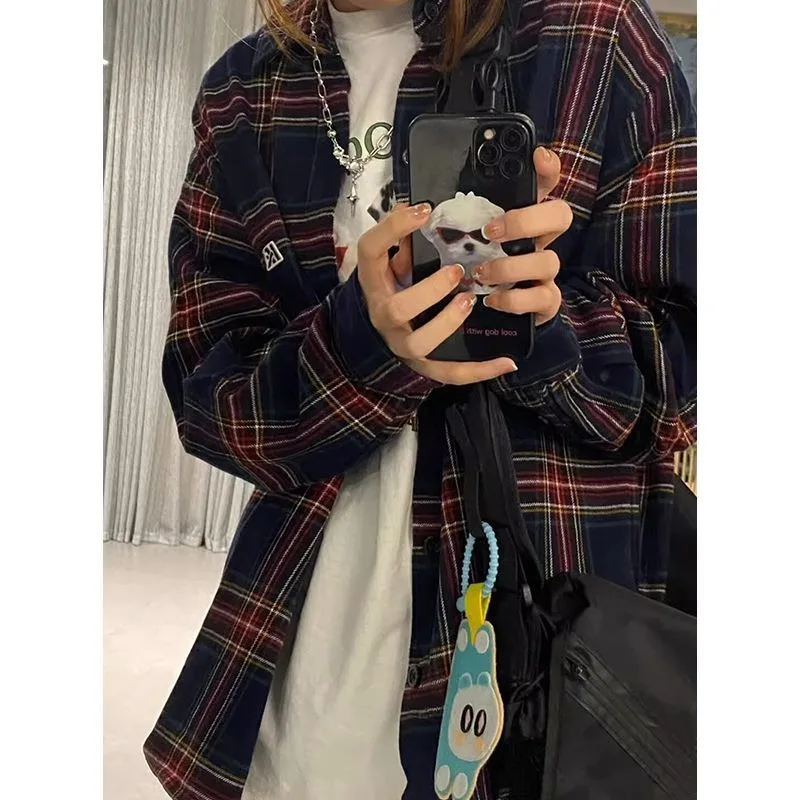 QWEEK Plaid Vintage Oversized Shirt American Retro Youthful Streetwear Preppy Damska bluzka z długim rękawem Odzież jesienna