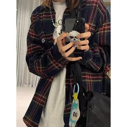 QWEEK Plaid Vintage Oversized Shirt American Retro Youthful Streetwear Preppy Women's Blouse Long Sleeve Button Clothes Autumn