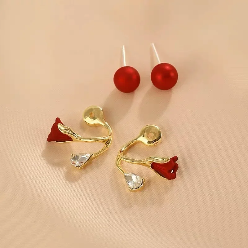 تقليد اللؤلؤ كريستال أسود أحمر الخزامى زهرة منحني عودة شنق آخر وأقراط اثنين في واحد Brincos مجوهرات عيد فتاة هدية