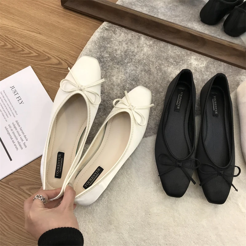 Luxury Lace Tie Leg Satin Silk Ballet Flats Woman Square Toe Bowknot Elastic Band Ballerinas Ladies Wedding Mary Janes Shoes