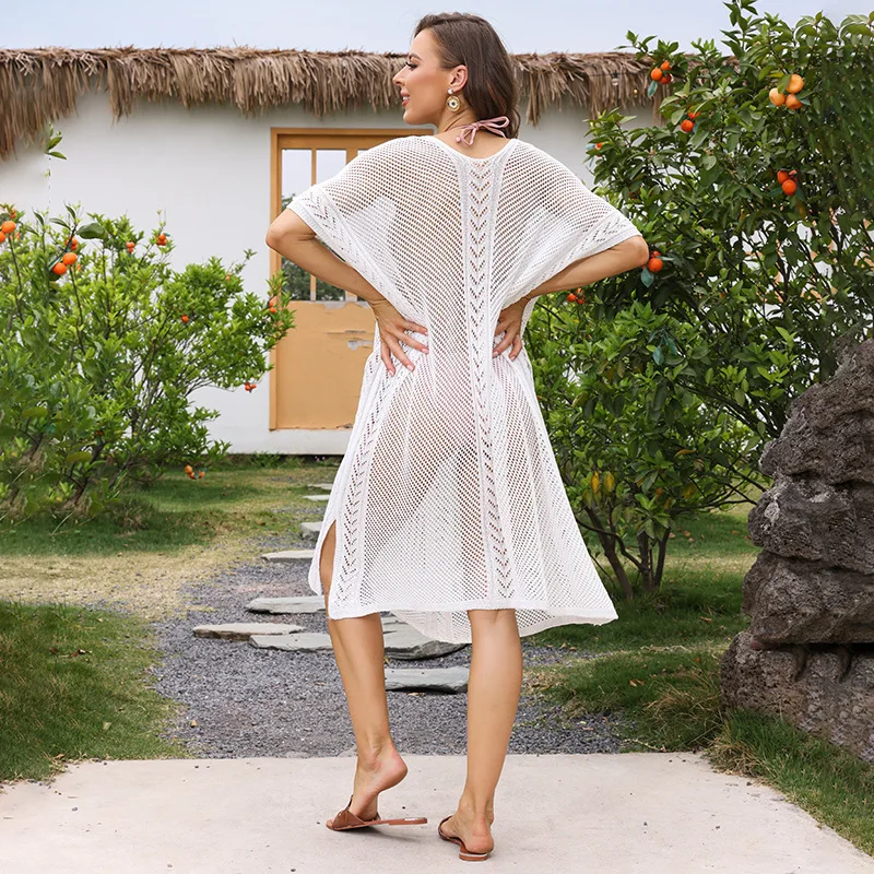 夏の新スカート女性の無地セクシーなニット中空ビーチビキニ水着カバーアップ日焼け防止服