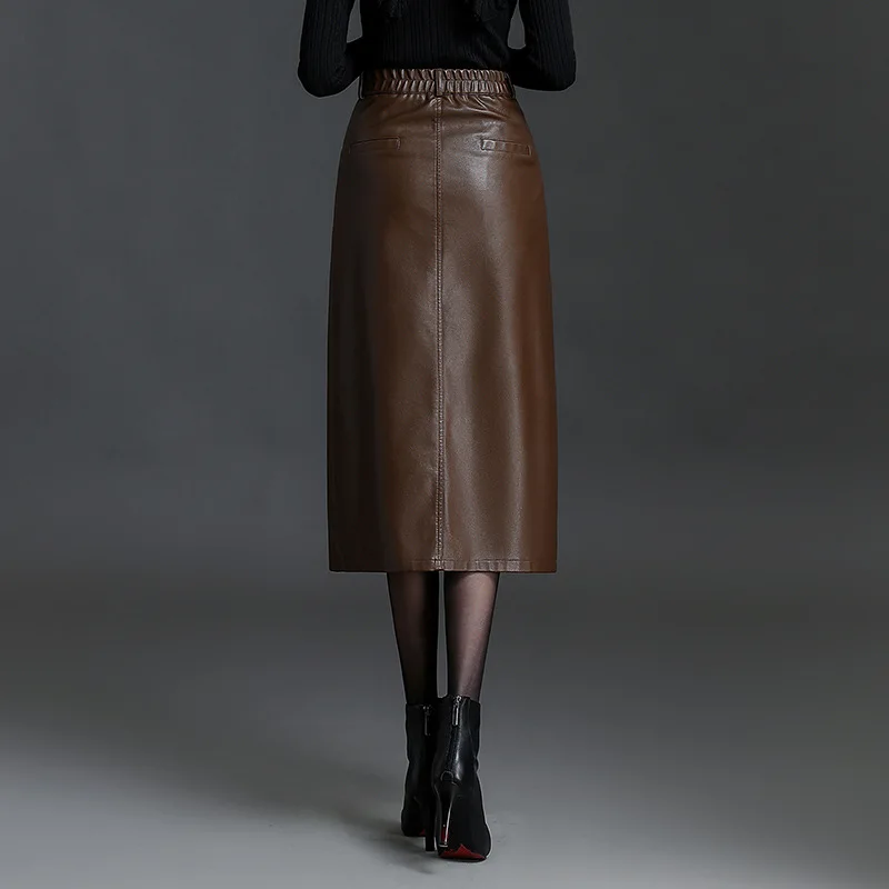 Women PU Leather Skirt Single Breasted High Waist Slim Fit Casual Elegant Office Lady Bodycon Long Skirts Autumn Winter 4XL 6860