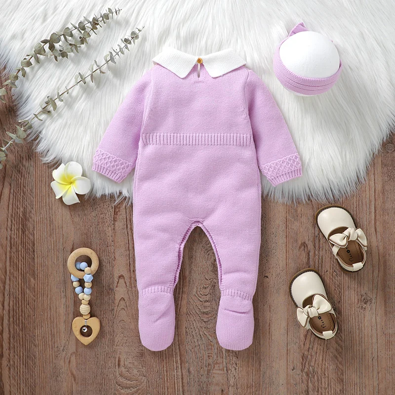 Newborn Baby Rompers Set Wrap Feet Warm Infant Girl Jumpsuit Outfits Knit Toddler Clothes Hearwear Fashion Tie 0-9M 2PC Overalls