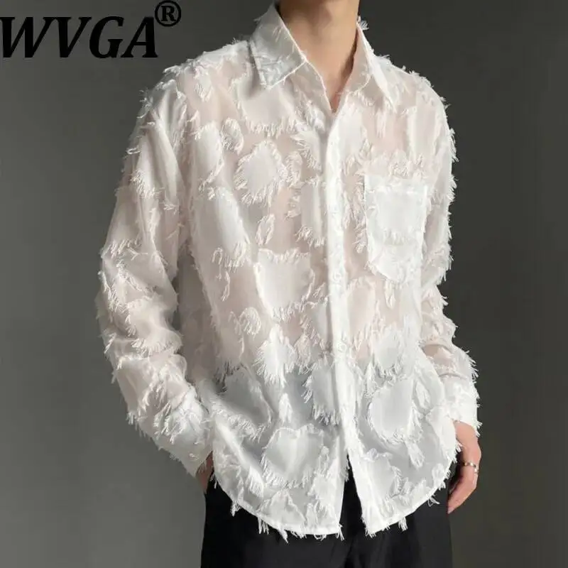 WVGA Spring Autumn New Men's High Street Hollow Out Lace Trim Personalized Long Sleeved Shirts Niche Chic Casual Tops Ins W25465